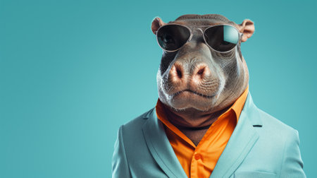 a stylish hippo wearing sunglasses and a suit, captured in a photorealistic fantasy style with futurist influences. this innovative photograph showcases bold fashion photography techniques, featuring a vibrant color palette of light cyan and orange. the image is presented in ultra hd, highlighting the unique combination of normcore and high-definition aesthetics. ai generatedの素材