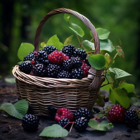 blackberries in a basket, on a tree, in the shady berkshire woodlands of autumn. the photo captures the beauty of the red and black berries, showcasing nature-inspired imagery. with dramatic lighting and a matte finish, this realistic still life by alexandr averin on flickr is a stunning representation of dark magenta and white. ai generatedの素材