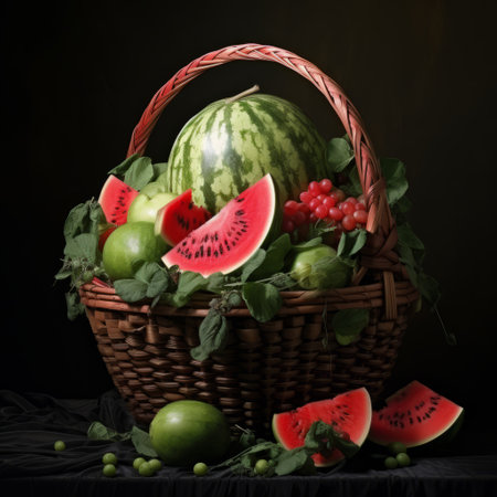a watermelon, sliced and placed in a wicker basket, is captured in this meticulous photorealistic still life photograph. the vibrant green leaves add a touch of freshness to the composition. the dynamic chiaroscuro technique used by dariusz zawadzki creates a striking contrast between the light red flesh of the watermelon and the dark black shadows. this colorful arrangement showcases the artist's mastery of photo-realistic techniques,の素材