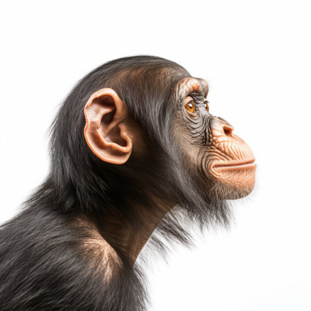 a small chimpanzee is captured in a close-up shot against a white background. this photo showcases photo-realistic techniques and is presented in 8k resolution. the subject is a taxidermy specimen, creating a studio portrait with vivid portraiture. the image highlights inventive character designs and the use of innovating techniques. ai generatedの素材