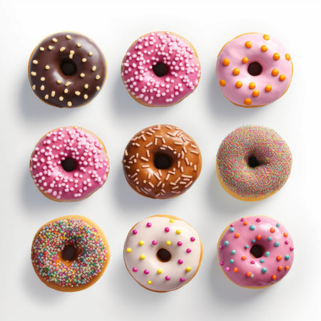 a set of six hyper-realistic still life donuts with pink sprinkles is showcased on a white background. the donuts feature a combination of dark yellow and dark brown hues, while the background is light white and light magenta. the aerial view, tilt shift effect, and dotted details add a unique touch to this composition by john wilhelm. ai generatedの素材