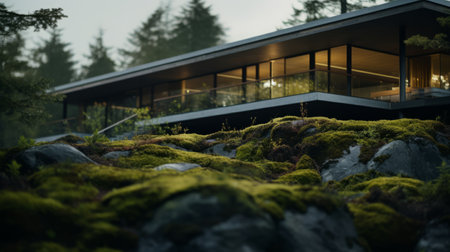 sleek hillside house design by olson kundig captured in a minimalist architecture photograph. the foreground features a close-up of blurred moss, adding depth to the composition. shot in 8k from a cinematic perspective, the image showcases professional color grading, epic volumetric lighting, and sharp focus. taken with a sony alpha a7 iii camera and a sony fe 24-105mm f/4 g oss lens, the photo exudesの素材