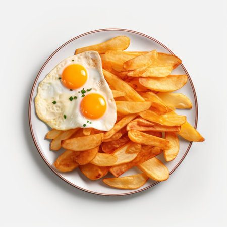 french fries and a fried egg are beautifully presented on a white plate, creating a mouthwatering image. this high-resolution photograph, inspired by the artistic styles of caras ionut, hinchel or, and arnoldo pomodoro, captures the deliciousness of the dish from a high-angle, birds-eye-view perspective. perfect for food enthusiasts and art lovers alike. ai generatedの素材