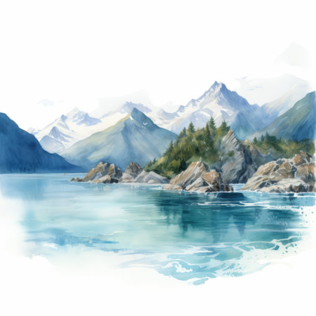 water and mountains background isolated illustration featuring a stunning blend of aquarellist and whistlerian styles. this realistic marine painting showcases the beauty of nature with high resolution details. the artwork captures the harmony between the majestic mountains and serene waters. created using palette knives, this traditional oceanic art evokes a sense of tranquility and awe. ai generatedの素材