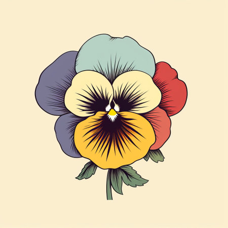 a stylized pansy illustration, inspired by minimalist pop art and victorian illustrations. this colorized design features a warm color palette and incorporates elements of americana iconography. the symmetrical arrangement adds a touch of tattoo-inspired aesthetics to this unique artwork. ai generatedの素材