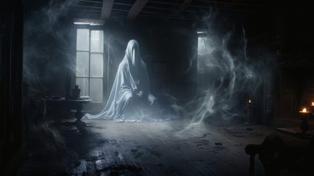a haunting ghost image in hd, this witch-themed desktop wallpaper captures the essence of berndnaut smilde's style. created using vray tracing, the image is both dramatic and somber, reminiscent of religious works. it combines familiar domestic scenes with an eerie atmosphere. this uhd image is a masterpiece, reminiscent of the works of alex ross and michael shainblum. ai generatedの素材