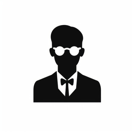 a man in glasses and a bowtie is depicted in a white outline, showcasing the iconic symbolism of sci-fi noir. the flat form and influences from the barbizon school, whistlerian art, and bold stencil techniques add an elegant touch to the subject. ai generatedの素材