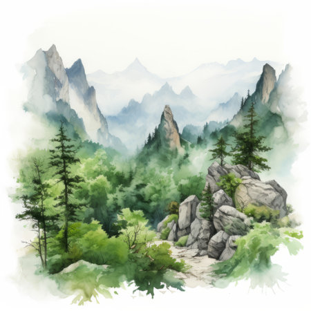 a landscape watercolor painting depicts a mountain forest area with lush grass and sunlight, inspired by the terrain of northern china. the artwork showcases the beauty of nature in a 2d game art style, combining shades of green and gray. the traditional ink painting technique brings a realistic scenery to life, highlighting the crystalline and geological forms of the landscape in a captivating illustration. aiの素材