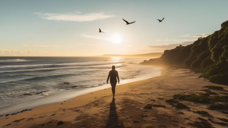 the photo captures ashley walking along a picturesque coastline, with a bat playfully following. the wide-angle lens and high-angle perspective highlight the natural beauty of the surroundings, emphasizing ashley's connection with nature. the bat's presence adds a playful touch to the composition, creating a unique and captivating image. ai generatedの素材