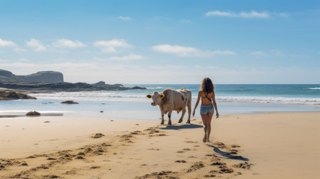 jennifer walking through a beach with a cow following, captured from a high-angle perspective with a wide-angle lens. the composition highlights the natural beauty of the surroundings and jennifer's connection with nature. the playful presence of the cow adds an endearing touch to the photo. ai generatedの素材