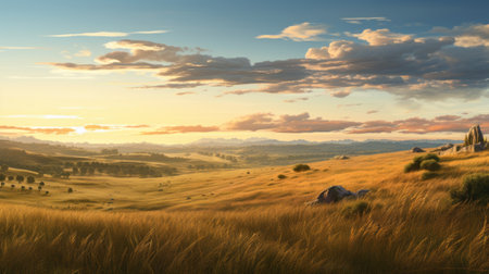 a photo of a rocky cliff with light brown paint, resembling serene pastoral scenes, created using cinema4d. this national geographic image showcases the beauty of the australian landscape, with its atmosphere landscapes and richly colored skies. the photo captures the essence of light-filled landscapes. ai generatedの素材
