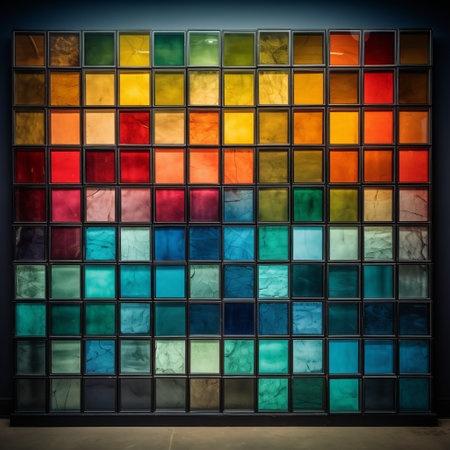 a colorful arrangement of tiffany-style panels in rows, showcasing wet plate negatives, simplicity, monochromatic color palettes, layered acrylic washes, unconventional materials, dark palette chiaroscuro, instax, and soft tonal transitions. ai generatedの素材