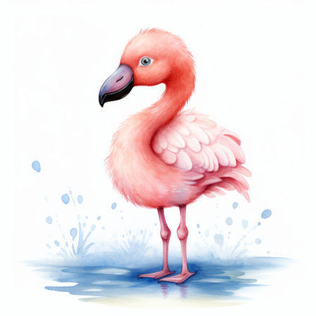 a pink flamingo with water splashes, depicted in a children's book illustration style. this realistic animal portrait showcases the light red and light indigo hues of the flamingo. the editorial illustration features soft watercolors, giving it a whimsical and caricature-like quality. the flamingo is depicted in full body, capturing its graceful and vibrant presence. ai generatedの素材