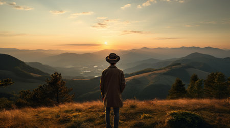 a man in a hat stands in the japanese mountains at golden hour, creating a romantic scene. captured with a hasselblad medium format camera and cooke prime lens, the image has a cinematic film still look with film-grain. the soft atmosphere and stage-like symmetry evoke sophia coppola's style. ai generatedの素材