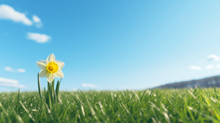 a single daffodil stands tall in a green field under clear blue skies. rendered in cinema4d, this minimalist photo captures the essence of nature with its wide lens and matte finish. the dark white and light green tones create a serene atmosphere, evoking a joyful celebration of the beauty found in the natural world. ai generatedの素材