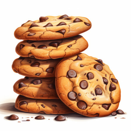 a stack of chocolate chip cookies is showcased on a white background, resembling realistic fantasy artwork. this speedpainting by guido borelli da caluso captures the essence of concept art with its heavy inking and energy-filled illustrations. perfect for websites or any project that craves a touch of delicious creativity. ai generatedの素材