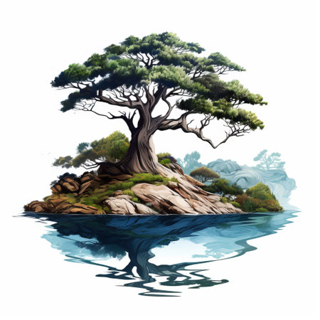 a tree stands alone on a picturesque island surrounded by water and rocks. this hyperrealistic illustration showcases a naturalistic color palette, with reflections and mirroring adding depth to the scene. the traditional ink painting style brings out the tree's mythological symbolism. this uhd image captivates with its clever use of negative space. ai generatedの素材
