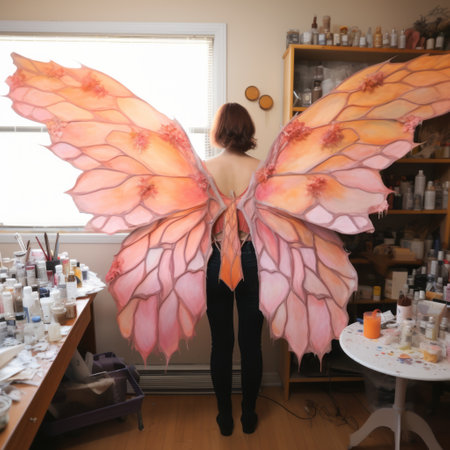 a woman showcasing a unique and one-of-a-kind piece of art on her back - an orange butterfly painted in the style of light pink and light bronze. the gossamer fabrics and colorful costumes add to the fairy academia theme, reminiscent of the vancouver school. the gigantic scale of the butterfly makes it a captivating and eye-catching design. ai generatedの素材