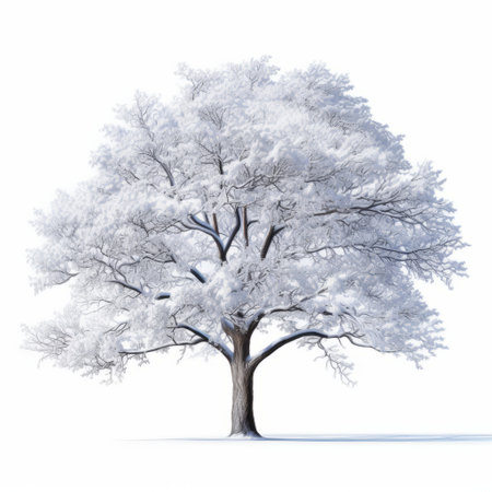 a snow-covered tree stands prominently in this highly detailed, realistic image. rendered with ambient occlusion and featuring a stunning 8k resolution, the translucent colors and intricate botanical illustrations bring the tree to life. the image beautifully combines natural elements with man-made details, resulting in a captivating scene with realistic color schemes. ai generatedの素材