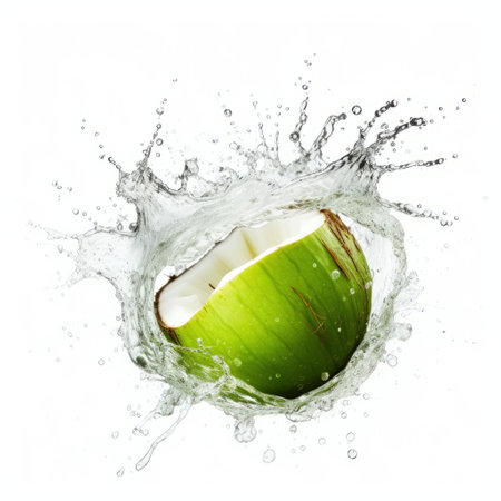 a coconut, captured in the style of alastair magnaldo, is shown splashed with water on a white background. the image, taken with a topcor 58mm f14 lens, features a dynamic and action-packed scene. inspired by jamie hawkesworth, the photo showcases a monochromatic color scheme with bold and striking imagery. ai generatedの素材