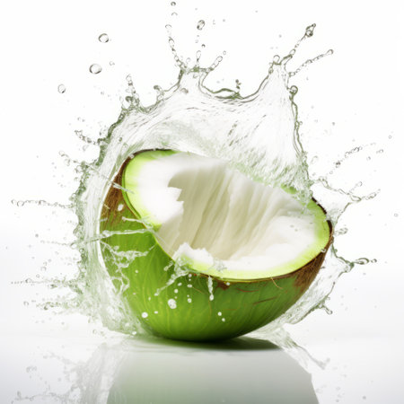 a photo of water splashing into a coconut, featuring a light green and white color palette. this paleocore-inspired image captures the energy and vibrancy with its contrast-focused composition. the crisp and clean lines add a modern touch, while the color splash effect enhances the visual impact. this captivating photo has the quality of an associated press photo. ai generatedの素材