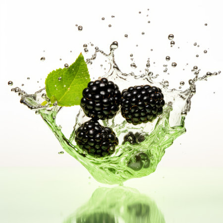 black raspberries in water splash, captured with softbox lighting, showcase a juxtaposition of objects in a clean and simple design. the high-key lighting enhances the vibrant colors of the raspberries, creating a visually striking image. this photograph, in the style of light green and light black, evokes a sense of freshness and vitality. a captivating image by tumblewave, reminiscent of an associated press photo. aiの素材