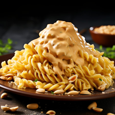 creamy peanut butter-filled pasta sits on a plate, showcasing a photorealistic representation. the image captures the essence of cartelcore, geopunk, magewave, and matte background aesthetics. this precisionist creation combines all of these elements to create a visually stunning and unique composition. ai generatedの素材