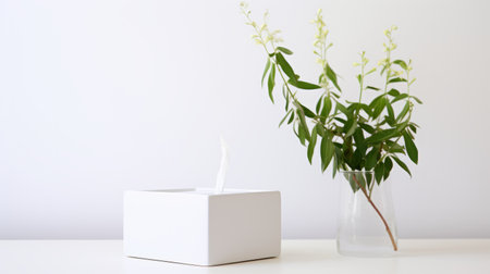 a white candle sits in a vase on a table, accompanied by a plant. this minimalist composition, inspired by the style of tokujin yoshioka, showcases abstract minimalism and cubo-futurism. the elegant and emotive faces of the design incorporate the use of fabric, creating a bloomcore aesthetic. the flatness of the surface adds to the overall visual appeal. ai generatedの素材