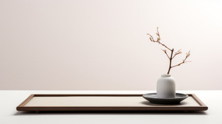 a modern contemporary flat design featuring a black walnut tray adorned with beautiful flowers. this design embodies the essence of oriental minimalism, with a soft atmospheric perspective and minimalist sculptor. the color palette includes light pink and light black, creating a calm and serene beauty. rendered in cinema4d, this design is perfect for creating a tranquil and stylish wallpaper. ai generatedの素材