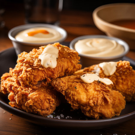 two dishes, featuring wings and sauces, are beautifully presented on a plate. the photograph showcases a shallow depth of field, capturing the intricate details of the food. the composition reflects the artistic styles of mark arian and yankeecore, with a multilayered arrangement. the color palette is predominantly beige, reminiscent of french cuisine. the overall aesthetic is reminiscent of the iconic style of bob ross. aiの素材