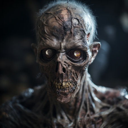 a walking dead character is depicted facing forward in this photo, captured with the zeiss batis 18mm f2.8 lens. the image showcases fantastical and otherworldly creatures in a hyper-realistic oil painting style by artist aleksi briclot. shot on 70mm film, the skeletal features of the character add an eerie and captivating element to the composition. ai generatedの素材