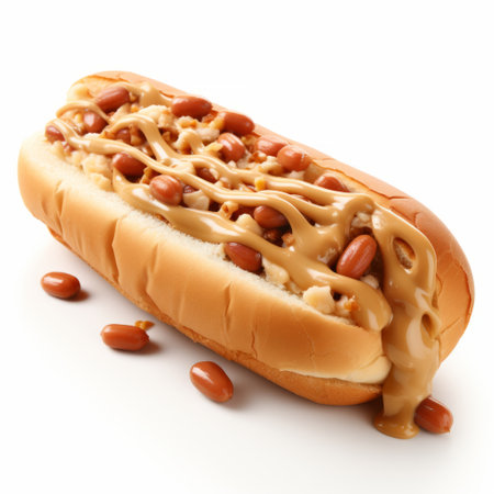 a hot dog covered in peanut butter, showcasing the 21st-century style of weathercore and shin hanga. the outlandish energy of this unique combination is captured against a white background, with wet-on-wet blending techniques adding depth and texture. this unconventional creation is a true representation of the fusion of various elements. ai generatedの素材