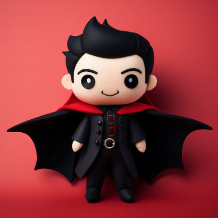 a doll named dracula is showcased on a vibrant red background, capturing the essence of charming anime characters. this visually stunning photograph, shot on 70mm, showcases the artistic collaboration of patrick mchale, joong keun lee, rebellious crafts, zack snyder, and dc comics. ai generatedの素材