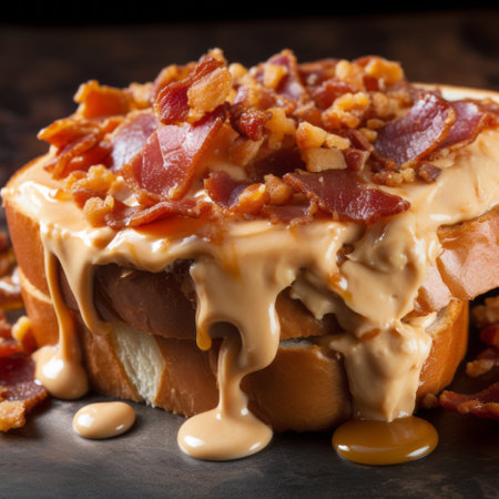 french toast with bacon and caramel, topped with crispy bacon, is captured in a raw and confrontational style reminiscent of caffenol developing. the image features a unique aesthetic with dripping paint, giving it a tumblewave and keos masons vibe. the low resolution adds to the brooding mood of the photo. ai generatedの素材