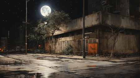 the photo showcases a photorealistic urban scene painted on canvas, featuring dark orange hues and weathered materials. it captures the essence of raw urbanism and urban industrialism, while also evoking a sense of romance through moonlit seascapes. the composition reflects the unique aesthetic of mote kei. ai generatedの素材