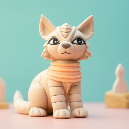 a kitty cat plastic statue sits on a blue plate on a table, showcasing a cinema4d rendered style. the scene features a combination of light orange and light beige colors, with columns and totems adding depth. the artwork incorporates layered textures, shapes, and anime-inspired characters, all in a palette of light magenta and light beige, reminiscent of a persian miniature. ai generatedの素材