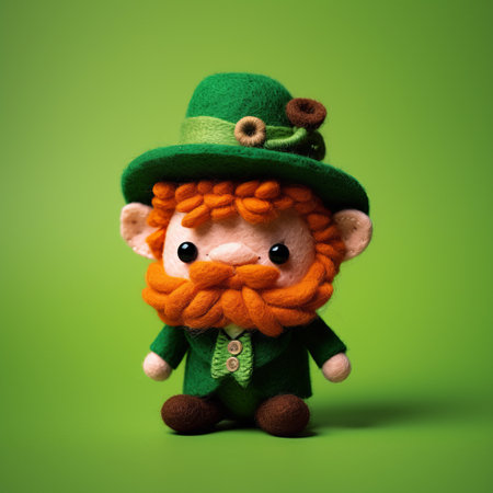a charming green stuffed animal, reminiscent of celtic art, sits atop a vibrant green background. this adorable creation features lively facial expressions and is enhanced with retro filters. with its miniaturecore appeal, this felt character showcases a delightful combination of dark orange and white hues. ai generatedの素材