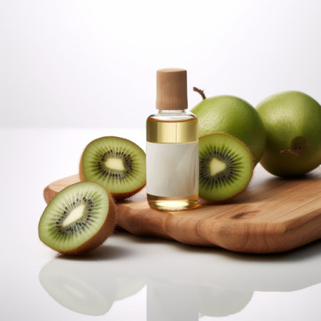 a bottle of kiwi flavor featuring vibrant green kiwi slices, captured in the artistic style of yigal ozeri. this commercial imagery showcases the meticulous attention to detail achieved through vray tracing. inspired by the works of fuyuko matsui and bess hamiti, the photograph exudes a singular focus on the handcrafted beauty of the kiwi flavor. ai generatedの素材