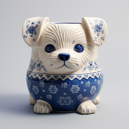 a blue and white teapot featuring a dog's face, designed in the style of vray tracing. this soviet-inspired teapot showcases highly detailed illustrations with elements of bunnycore, post-processing effects, and a touch of folkloric and mingei influences. ai generatedの素材