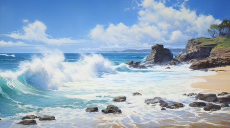 large crashing waves over rocks create a dramatic scene, reminiscent of delicately rendered landscapes. the angura kei style captures the intensity of the waves, while the realistic blue skies add depth to the highly detailed environments. this photo embodies elements of mote kei, neogeo, and tropical landscapes, resulting in a captivating visual experience. ai generatedの素材