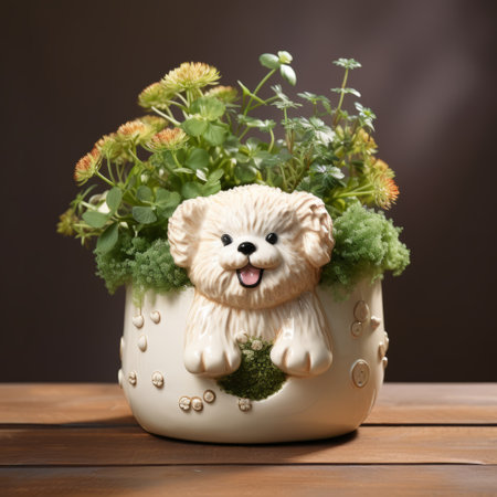 white dog-shaped planter pot, inspired by the samyang 14mm f28 if ed umc aspherical lens, captures a meticulously detailed still life. this playful photo, taken with a nikon d750, showcases light brown and green tones, while exuding a charming mote kei aesthetic. the botanical abundance adds a touch of natural beauty to this delightful composition. ai generatedの素材