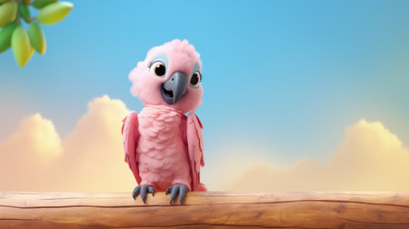 a pink parrot is seen walking on a log against a backdrop of majestic mountains. this charming character illustration, rendered in cinema4d, showcases a detailed character design by bill gekas. the sky-blue background and the close-up view add to the beauty of this artwork. ai generatedの素材