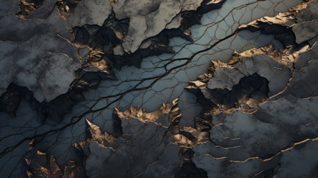 a stunning aerial photograph showcasing a high-resolution mountain landscape wallpaper. the image captures the beauty of eroded surfaces, with a captivating blend of dark silver and gold tones reminiscent of kintsugi. created using cinema4d, the photo highlights twisted branches and burned-charred elements, adding a unique and mesmerizing touch to the scenery. ai generatedの素材