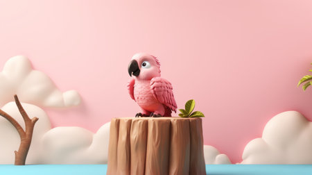 pink bird perched on a tree stump in a 3d render, showcasing a graphic design-inspired illustration style. this charming character illustration, created using cinema4d, captures the essence of tropical landscapes. the use of monochromatic shadows adds depth and a childlike quality to the image. shot with a ricoh gr iii camera. ai generatedの素材