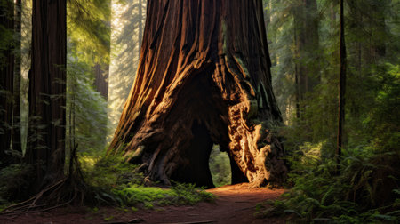 a giant redwood tree stands prominently in the middle of a trail, showcasing contrasting lights and darks. the intricate woodwork of the tree is captured beautifully in this photo, taken with an iso of 200. the organic formations and meticulously detailed features of the tree create a reverent and tranquil atmosphere. this photo truly captures the essence of organic architecture. ai generatedの素材