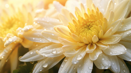 two white flowers with yellow stems are captured in this photo, their delicate petals covered in water droplets. the image is bathed in a golden light, creating a soothing color palette. the photographer, john wilhelm, skillfully composes the intricate details of the flowers. taken with a sony alpha a7 iii, this tranquil gardenscape is a captivating addition to any collection. ai generatedの素材