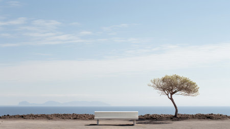 a minimalist beach landscape featuring a concrete platform, bench, and arid vegetation surrounding mount etna's crater. the focal point is a natural white dressed twiggy sitting on the bench in a contemplative pose. this 8k resolution image showcases a minimalist landscape architecture design with a 16:9 aspect ratio and uses natural materials. ai generatedの素材