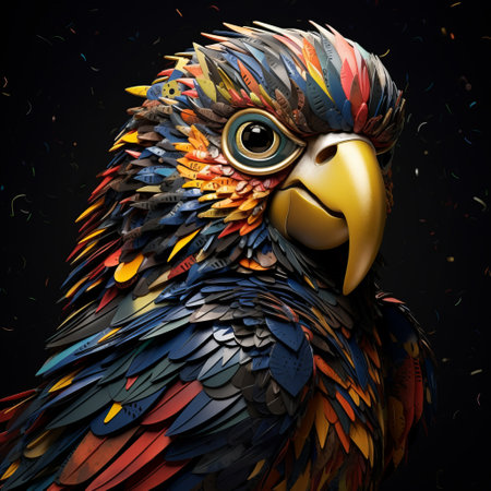 a hyper-realistic parrot figurine with yellow eyes is showcased against a striking black background. this artwork, influenced by the style of filip hodas, features vibrant color gradients reminiscent of maurice sendak's work. the figurine also incorporates a touch of grotesque character inspired by patrick dougherty, further enhanced through digital manipulation. ai generatedの素材