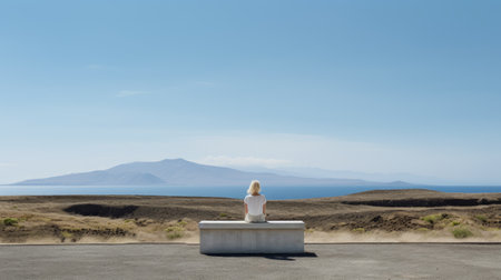 a minimalist concrete platform with a bench and arid vegetation surrounds the crater landscape of mount etna's coastline. the focal point of the image is a contemplative kate moss, dressed in natural white, sitting on the bench. the 16:9 aspect ratio captures the minimalist landscape architecture design using natural materials. this ultrahigh-quality image was shot in 8k resolution. ai generatedの素材