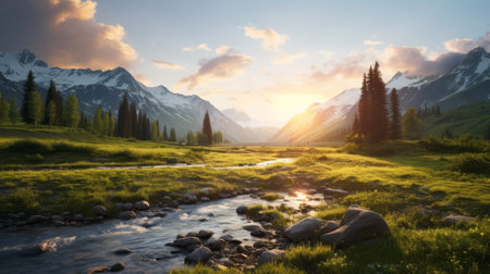a serene pastoral scene captured in the mountains, showcasing a picturesque lake, a flowing stream, and lush green grass. the sun's rays beautifully illuminate the landscape, creating an atmospheric ambience reminiscent of german romanticism. this stunning photograph, rendered in 8k resolution using terragen, has won a prestigious contest for its captivating depiction of nature's tranquility. ai generatedの素材